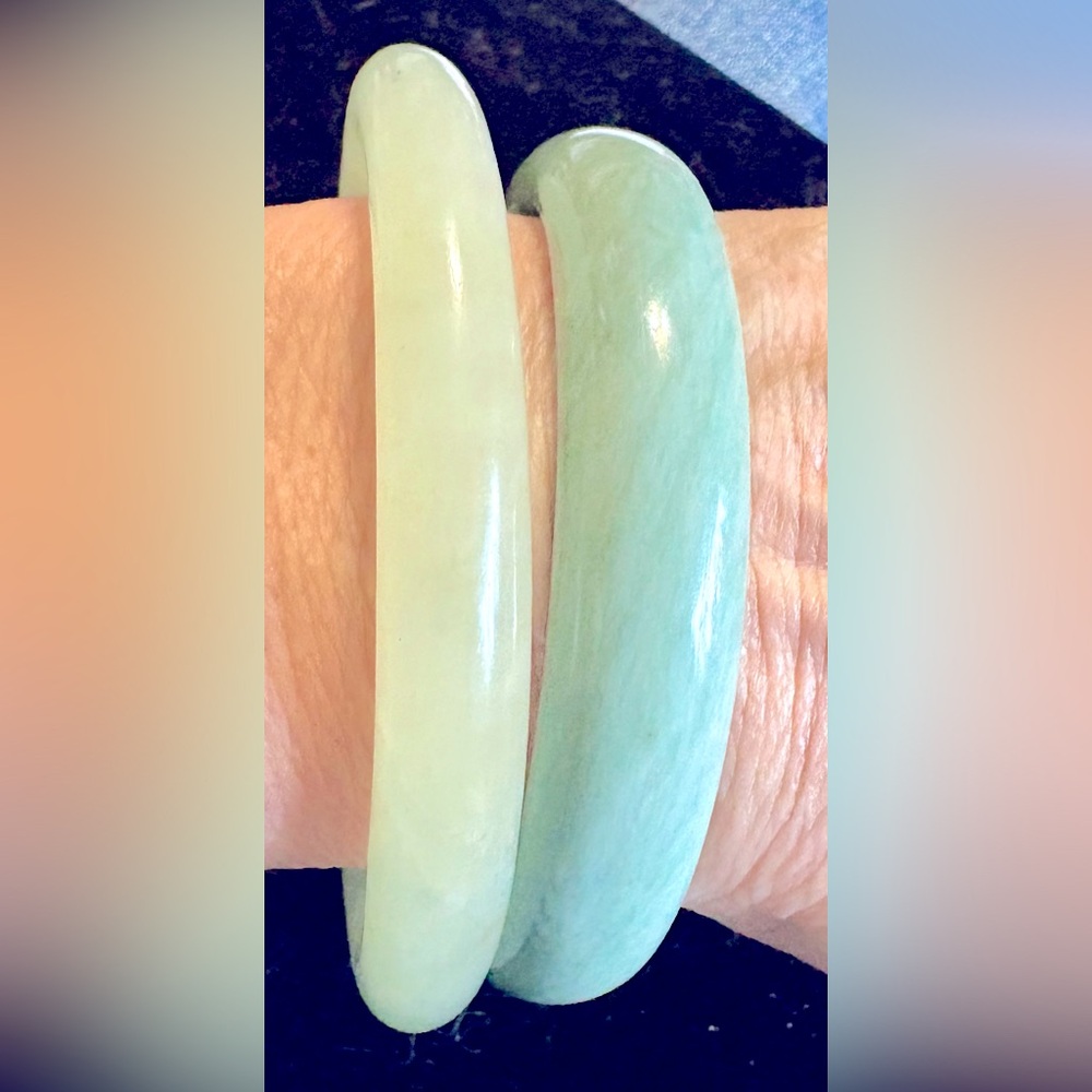 Two Jadite Bangle bracelets light green and a darker green vguc gemstone